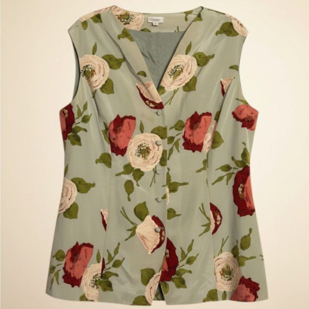 Vintage 100% Silk Floral Button Front Vest Top Romantic Cottagecore AS IS